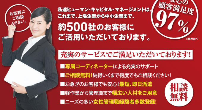 私達ヒューマン・キャピタル・マネージメントは、これまで、上場企業から中小企業まで、約500社のお客様にご活用いただいております。